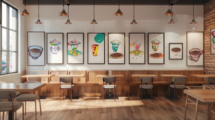 A chic caf?(C) interior with a set of frame mockups exhibiting colorful illustrations of coffee...