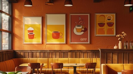 Fototapeta premium A chic cafe interior with a set of frame mockups exhibiting colorful illustrations of coffee beans and cups.