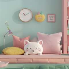Pastel hues creating a sense of warmth and comfort around the cat 3d cartoon flat design