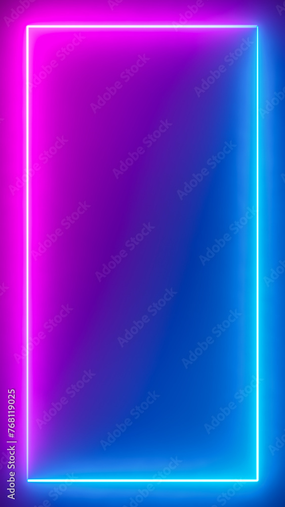 Poster abstract blue pink neon glowing line frame, animated moving led light screen box projection 3d rende