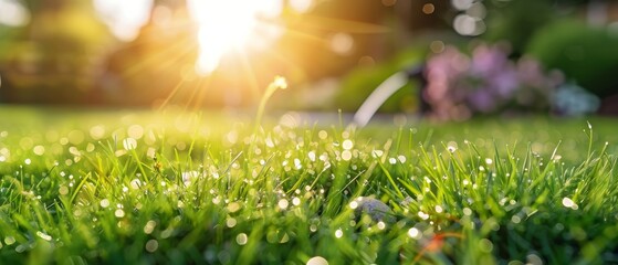 Water sprinkler spraying droplets on a vibrant green lawn with sunflare, symbolizing garden care and summer freshness.