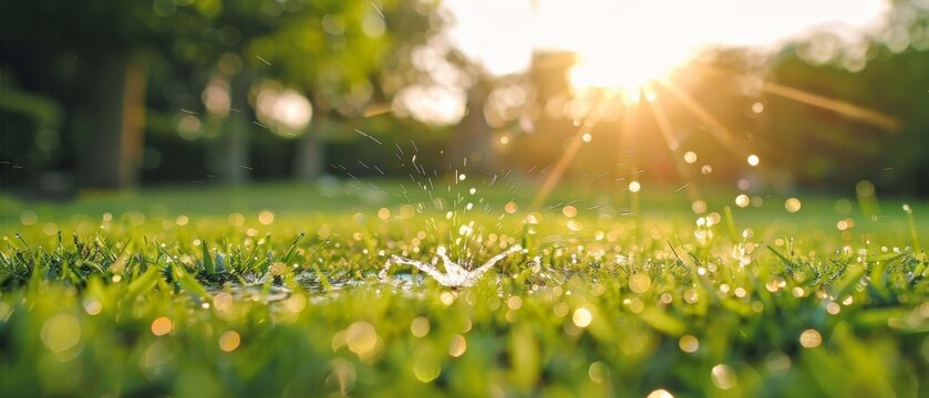 Water sprinkler spraying droplets on a vibrant green lawn with sunflare, symbolizing garden care and summer freshness.