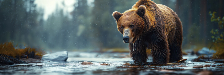 large brown grizzly bear catch fish in forest river in nature. Panoramic wide summer landscape - obrazy, fototapety, plakaty