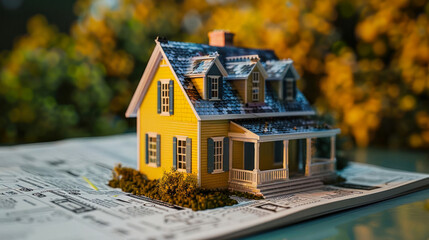 A miniature yellow house on blueprints, the golden light of sunset highlighting its charm and potential - obrazy, fototapety, plakaty