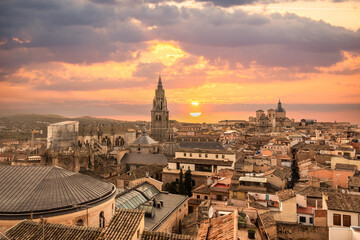 Sunset from the rooftops in the medieval city of Toledo in Castilla La Mancha, Spain