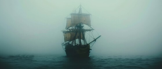 A ghostly sailing pirate ship emerges from a dense fog on the open sea, creating a mysterious and eerie maritime scene. - obrazy, fototapety, plakaty