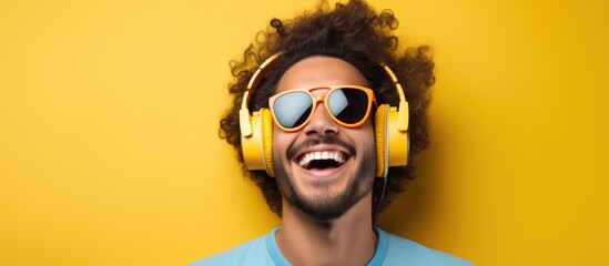 A happy young man wearing headphones and a blue shirt is listening to music or a podcast. He looks...