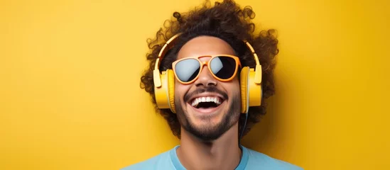 Foto op Plexiglas A happy young man wearing headphones and a blue shirt is listening to music or a podcast. He looks relaxed and focused, enjoying the sound in his ears. © pngking