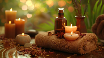 A relaxing spa environment with candles, essential oils