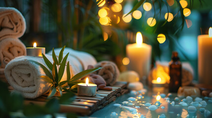  Relax and Unwind in a Spa Ambiance Enhanced by Candles and Aromatherapy - obrazy, fototapety, plakaty