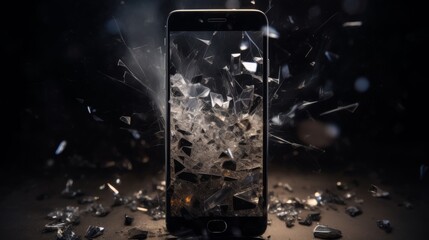 The drama of a shattered smartphone screen captured in a dark setting, highlighting the fragility of modern technology. - obrazy, fototapety, plakaty
