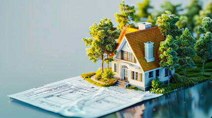 A charming miniature house model placed neatly on a pile of newspapers, depicting concepts of real estate, investment, or market news - obrazy, fototapety, plakaty