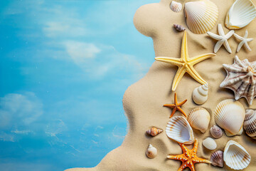 A tranquil beach scene with various seashells and a starfish laid out on sand, creating a peaceful and natural seaside atmosphere.