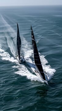High-speed racing sailboats slice through the ocean waves, their sails billowing in the wind during a competitive regatta.