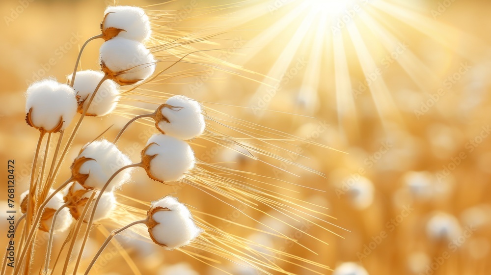 Poster cotton balls on branch in sunshine on a summer field with ample space for text additions.