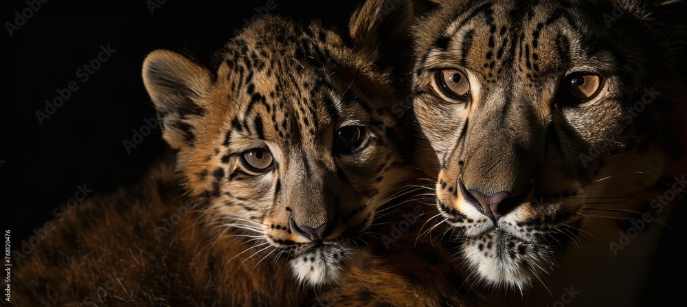 Poster snow leopard father and cub portrait with empty space on the left for text placement