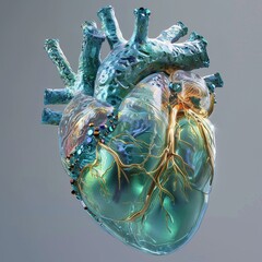 3D rendering of a human heart encased in a blue and green crystal