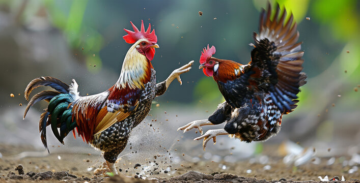 Intense Rooster Fight in a Dusty Field with Flapping Wings and Clashing Beaks.