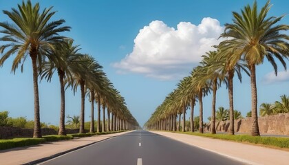 Fototapeta na wymiar A beautiful road having side lights in ancient style and side by side of road palm trees and clear sky with clouds
