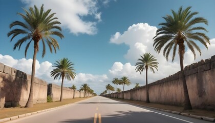 A beautiful road having side lights in ancient style and side by side of road palm trees and clear sky with clouds