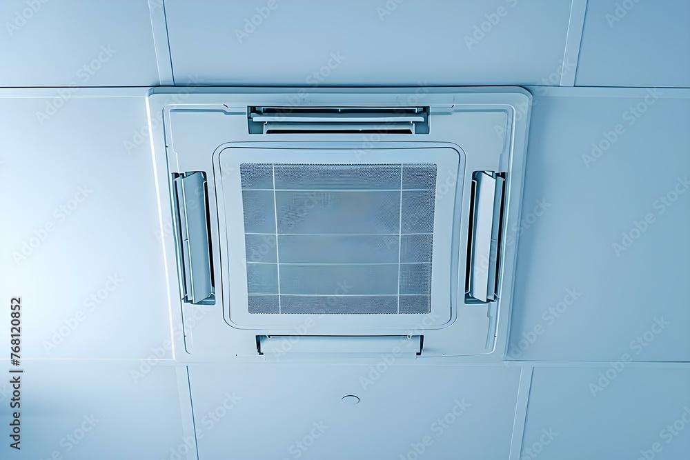 Poster symbolizing home cooling systems and energy efficiency: ceiling air conditioner unit in a versatile 