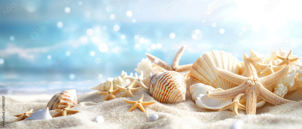 Poster seashells and starfish on sparkling sand with a soft focus on the ocean, creating a dreamy and magic
