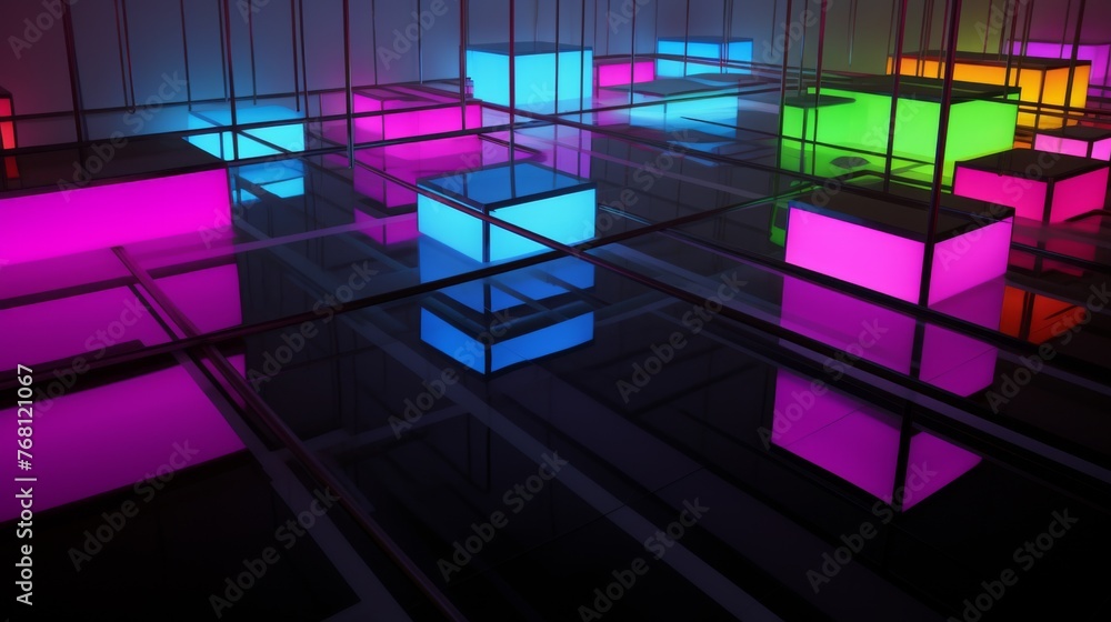 Poster a captivating image showcasing a collection of glowing neon cubes with reflection on a glossy surfac