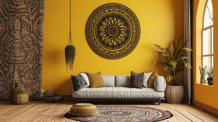 Foto op Plexiglas a captivating scene featuring an intricate mandala on a goldenrod yellow wall, enhancing the aesthetic appeal with a cozy sofa. © Lal