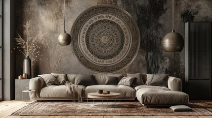  a captivating scene featuring an intricate mandala on a taupe wall, enhancing the aesthetic appeal with a cozy sofa. © Lal