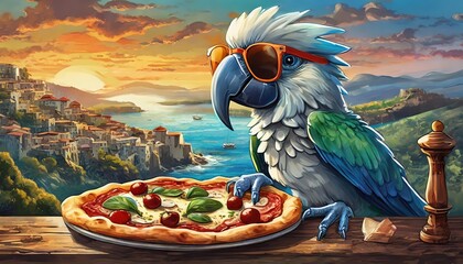 cat eating pizza, parrot eating pizza, animals eating pizza, hawaiian pizza, sicilian pizza, margarita pizza, cat in hat, cat with glasses, dog in hat, dog with glasses, rasta parrot, parrot with glas - obrazy, fototapety, plakaty