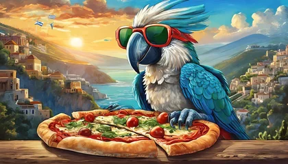 Raamstickers cat eating pizza, parrot eating pizza, animals eating pizza, hawaiian pizza, sicilian pizza, margarita pizza, cat in hat, cat with glasses, dog in hat, dog with glasses, rasta parrot, parrot with glas © Petru