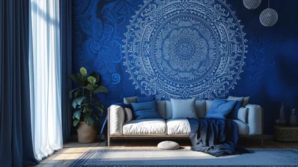 Foto op Plexiglas a captivating scene featuring an intricate mandala on a cobalt blue wall, enhancing the aesthetic appeal with a cozy sofa. © Lal