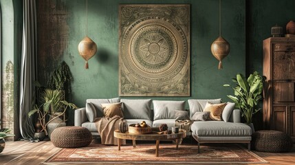a captivating scene featuring an intricate mandala on a muted olive green wall, enhancing the aesthetic appeal with a cozy sofa.