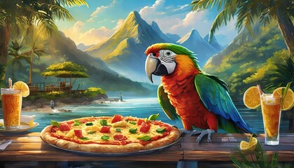 cat eating pizza, parrot eating pizza, animals eating pizza, hawaiian pizza, sicilian pizza, margarita pizza, cat in hat, cat with glasses, dog in hat, dog with glasses, rasta parrot, parrot with glas - obrazy, fototapety, plakaty