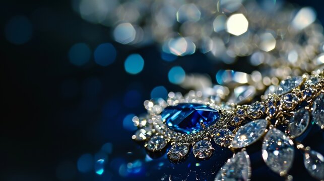 A sparkling sapphire and diamond necklace against a dark bokeh background, illustrating opulence and high-end jewelry design
