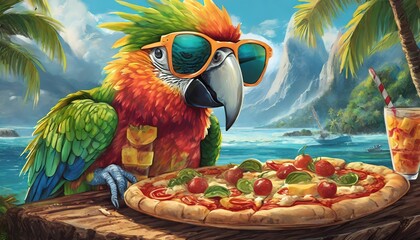 cat eating pizza, parrot eating pizza, animals eating pizza, hawaiian pizza, sicilian pizza, margarita pizza, cat in hat, cat with glasses, dog in hat, dog with glasses, rasta parrot, parrot with glas