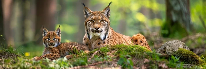 Fotobehang Male lynx and lynx cub portrait with spacious area on the left for text placement © Ilja