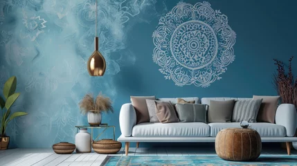 Foto op Plexiglas anti-reflex a captivating scene featuring an intricate mandala on a powder blue wall, enhancing the aesthetic appeal with a cozy sofa. © Lal