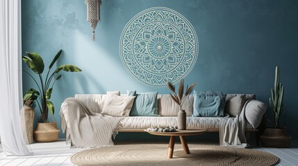 a captivating scene featuring an intricate mandala on a powder blue wall, enhancing the aesthetic appeal with a cozy sofa.