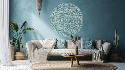 Wandcirkels tuinposter a captivating scene featuring an intricate mandala on a powder blue wall, enhancing the aesthetic appeal with a cozy sofa. © Lal