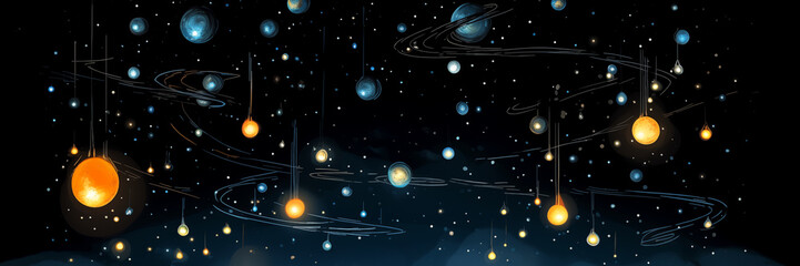 Planets and stars in dark space, mystery of universe background banner. Panoramic web header. Wide screen wallpaper