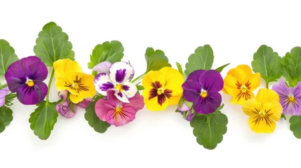Fotobehang Colorful viola pansy flowers and leaves arranged on a white background © Veniamin Kraskov