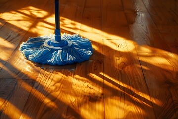 Blue mop cleaning wooden floor in sunlit room symbolizing household chores and cleanliness. Concept Household Chores, Cleaning Routine, Home Maintenance, Interior Cleaning, Hygiene Practices