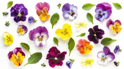 Foto auf Alu-Dibond Colorful viola pansy flowers and leaves arranged on a white background © Veniamin Kraskov