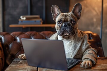 a dog in a robe sitting on a couch with a laptop