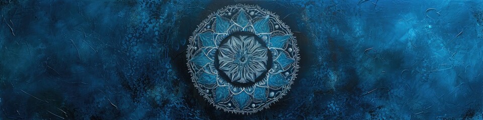 a captivating mandala on a steel blue canvas, emphasizing the fine details and cool tones with exceptional clarity.
