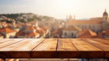 The empty wooden table top with blur background of the old town Dubrovnik . Exuberant image. generative AI
