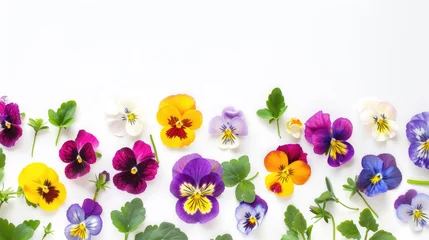  Colorful viola pansy flowers and leaves arranged on a white background © Veniamin Kraskov
