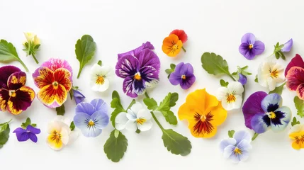 Foto auf Alu-Dibond Colorful viola pansy flowers and leaves arranged on a white background © Veniamin Kraskov