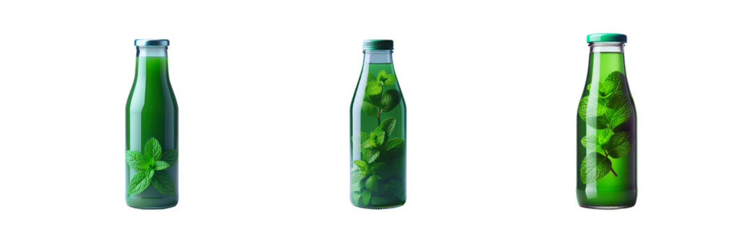 Set of  bottles of green mint leaf  juice illustration, isolated over on transparent white background